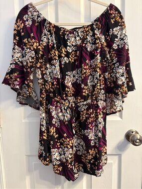 Express Floral Off-Shoulder Romper - Black, Purple & White